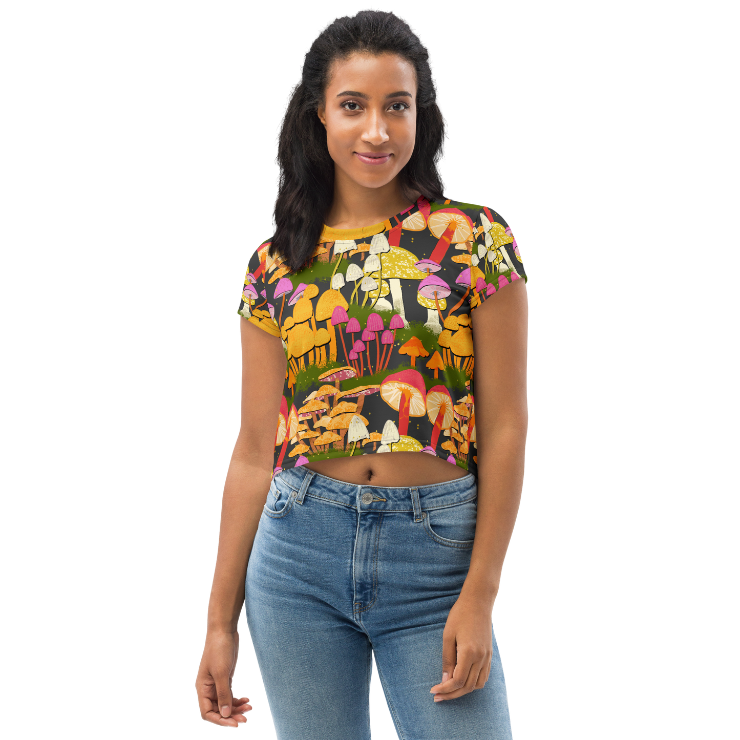 Many Many Mushrooms All-Over Print Crop Tee