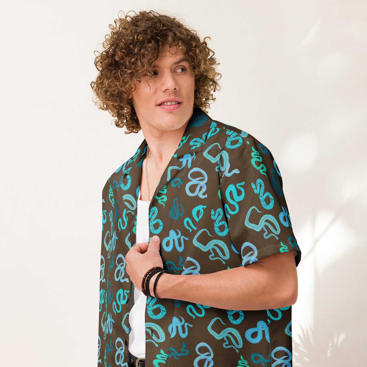 Sneks on a Plane in Brown Unisex button shirt